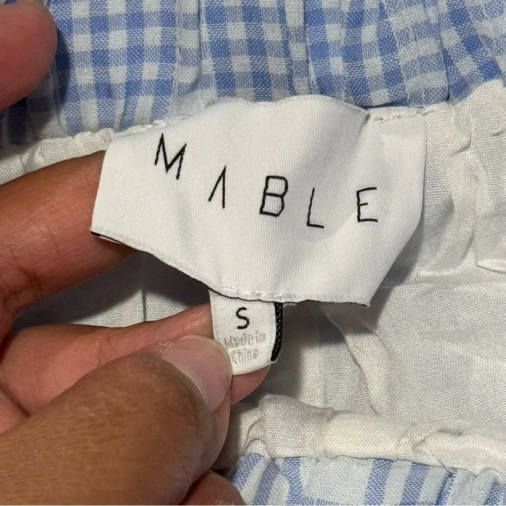 Mable NWT Small Blue Gingham Arleth Stripe Blouse And Shorts Set Puff Sleeve Tie